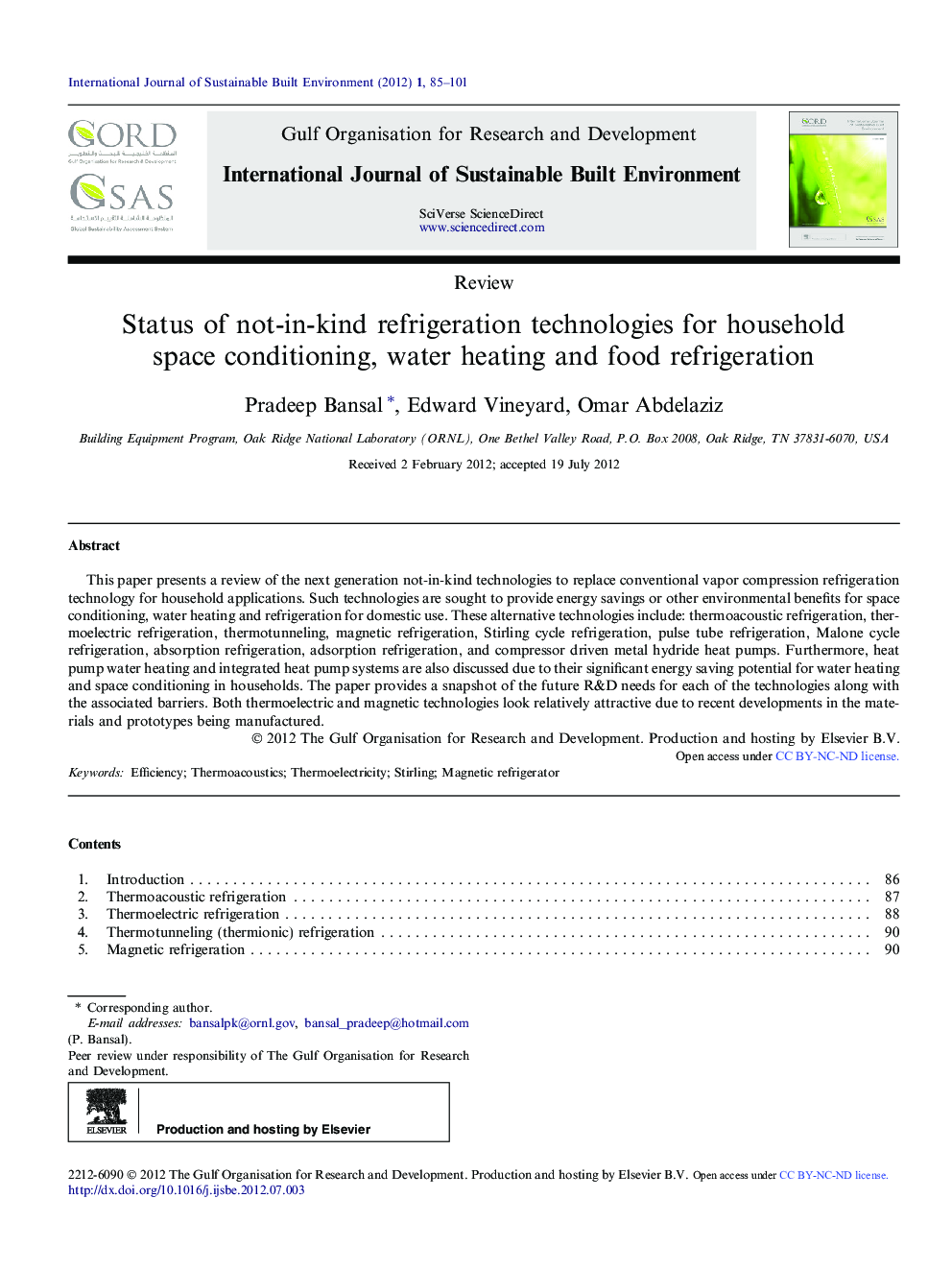 Status of not-in-kind refrigeration technologies for household space conditioning, water heating and food refrigeration 