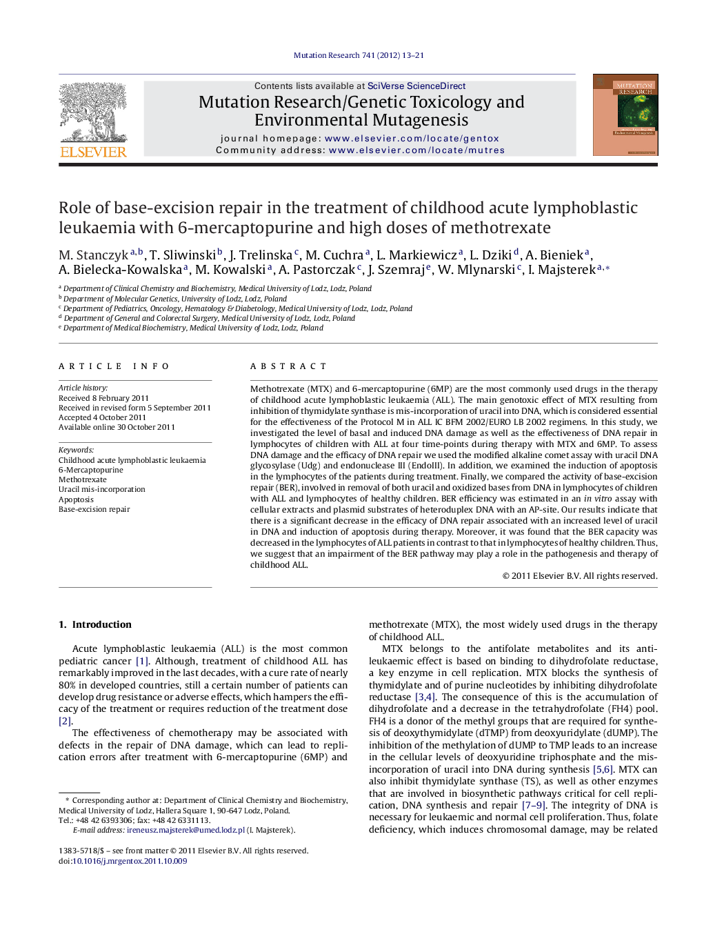 Role of base-excision repair in the treatment of childhood acute lymphoblastic leukaemia with 6-mercaptopurine and high doses of methotrexate