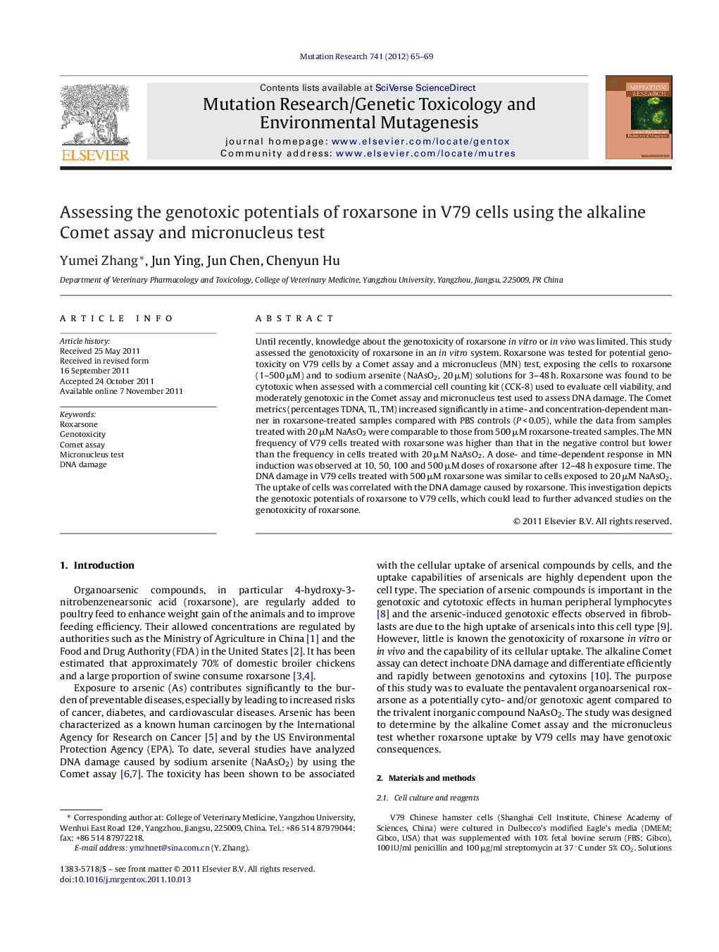 Assessing the genotoxic potentials of roxarsone in V79 cells using the alkaline Comet assay and micronucleus test