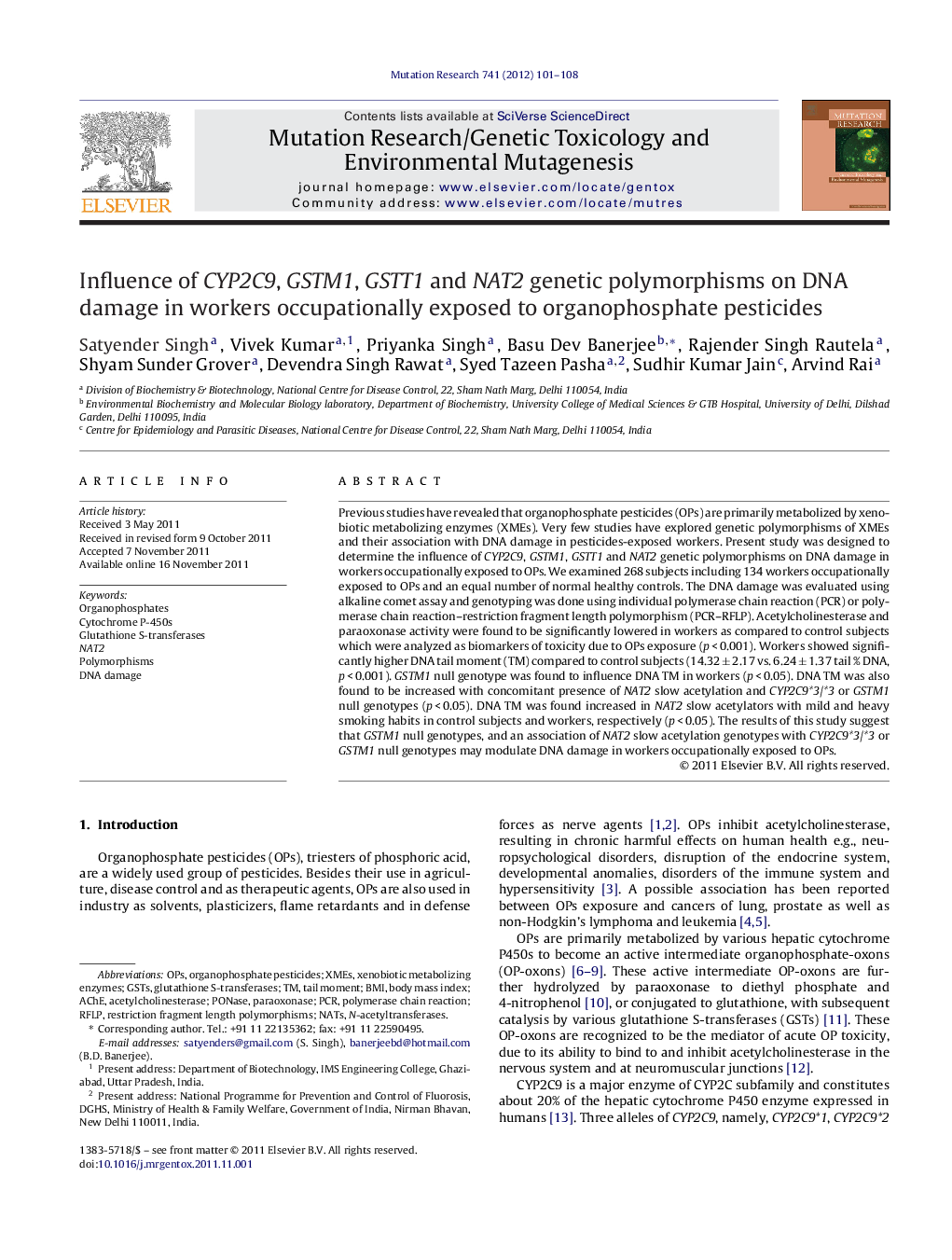 Influence of CYP2C9, GSTM1, GSTT1 and NAT2 genetic polymorphisms on DNA damage in workers occupationally exposed to organophosphate pesticides