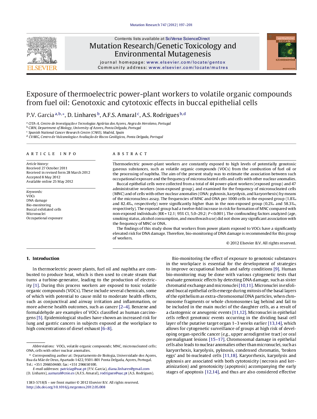 Exposure of thermoelectric power-plant workers to volatile organic compounds from fuel oil: Genotoxic and cytotoxic effects in buccal epithelial cells