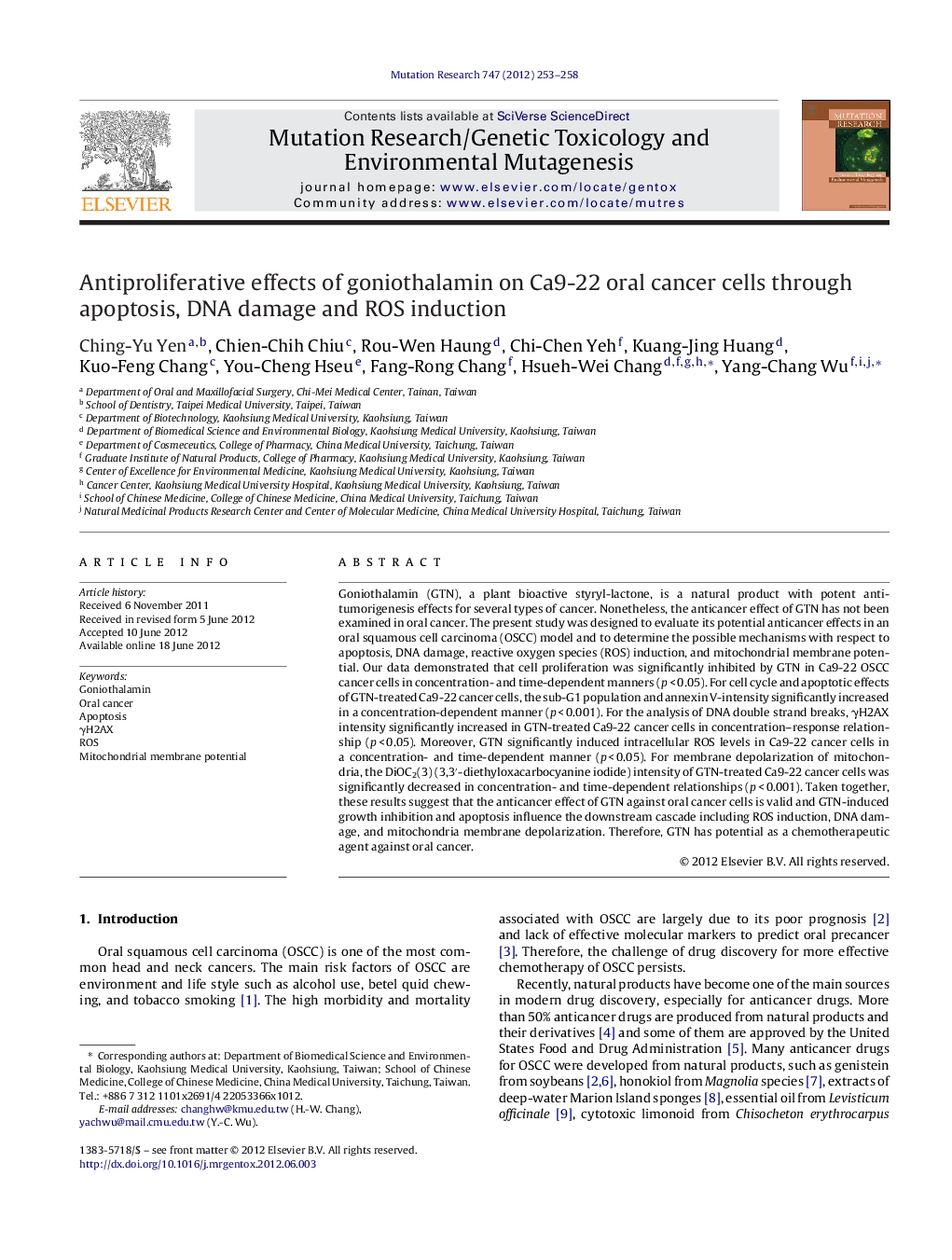 Antiproliferative effects of goniothalamin on Ca9-22 oral cancer cells through apoptosis, DNA damage and ROS induction