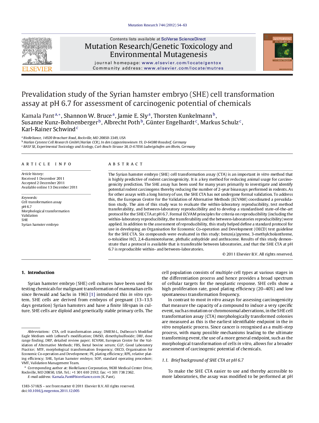 Prevalidation study of the Syrian hamster embryo (SHE) cell transformation assay at pH 6.7 for assessment of carcinogenic potential of chemicals