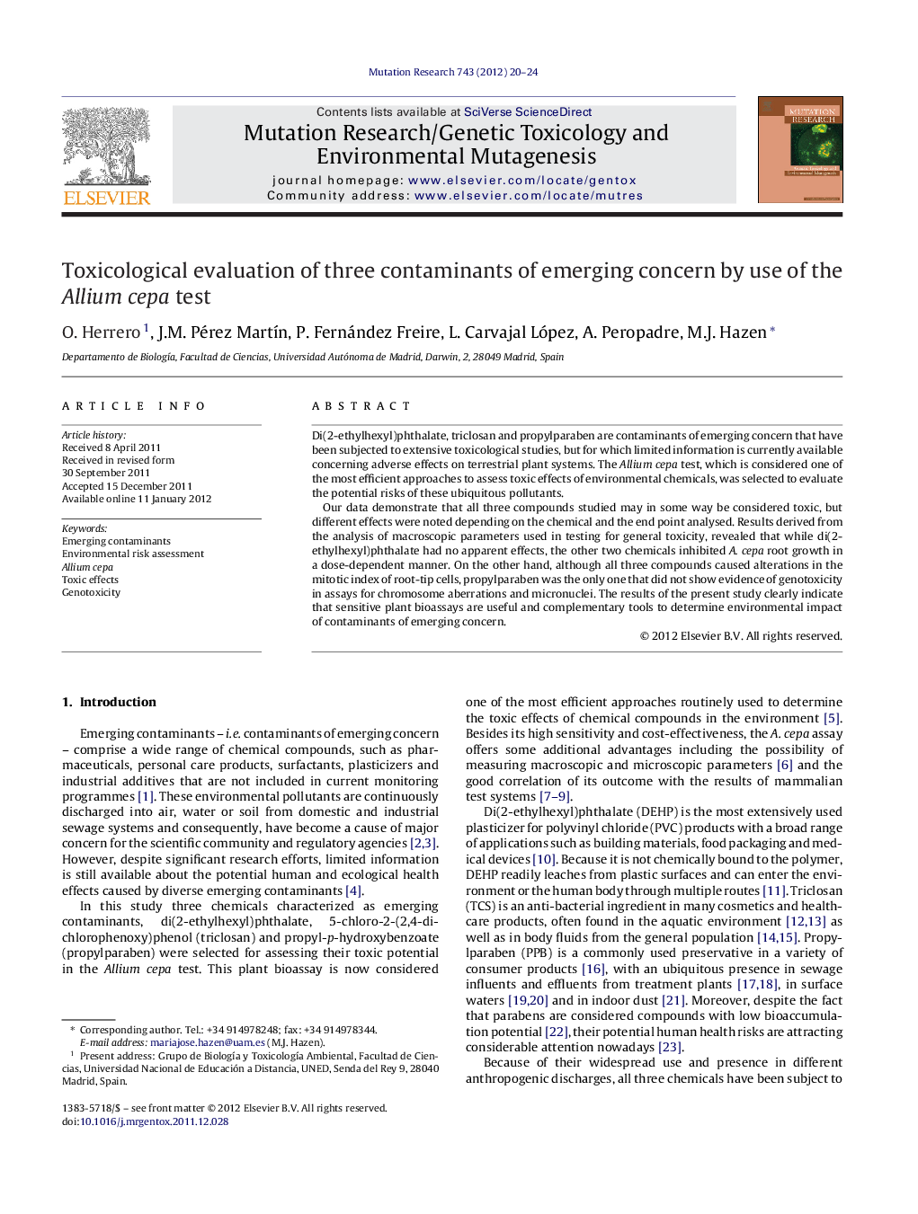 Toxicological evaluation of three contaminants of emerging concern by use of the Allium cepa test