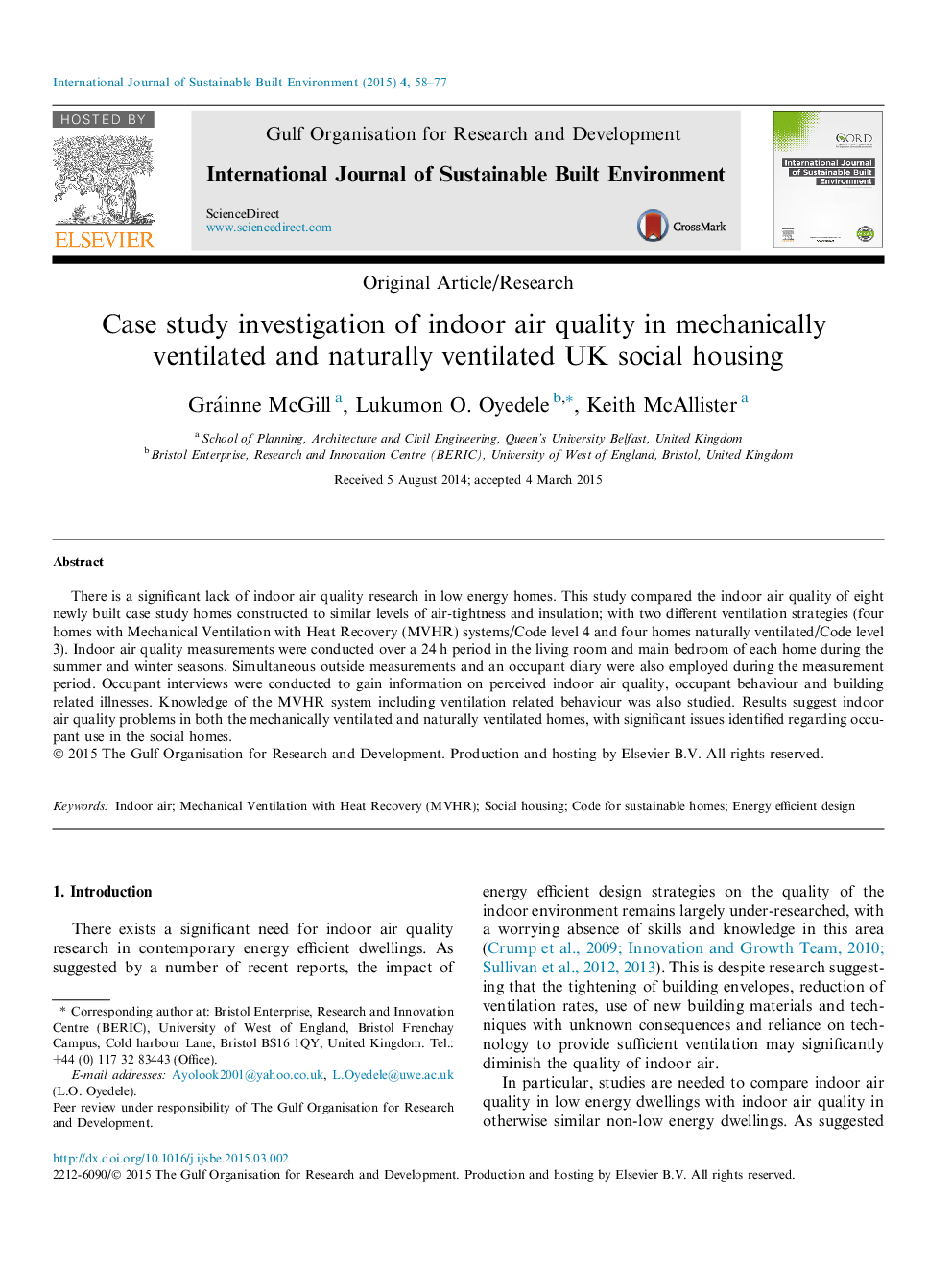 Case study investigation of indoor air quality in mechanically ventilated and naturally ventilated UK social housing 