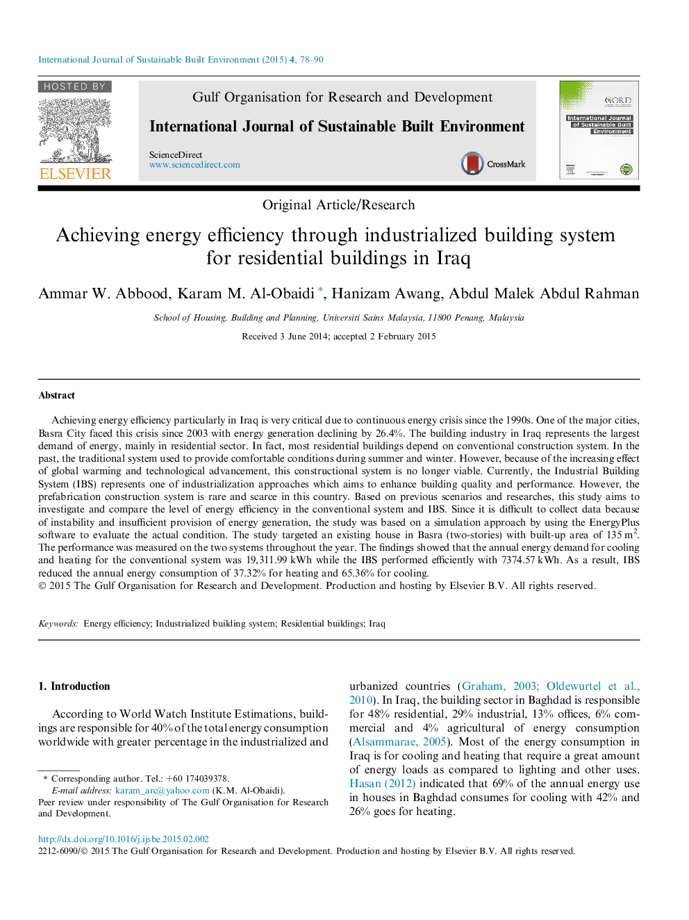 Achieving energy efficiency through industrialized building system for residential buildings in Iraq 