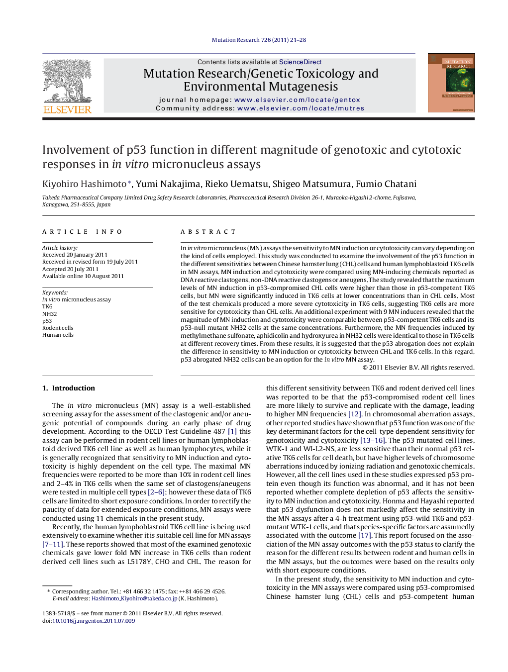 Involvement of p53 function in different magnitude of genotoxic and cytotoxic responses in in vitro micronucleus assays