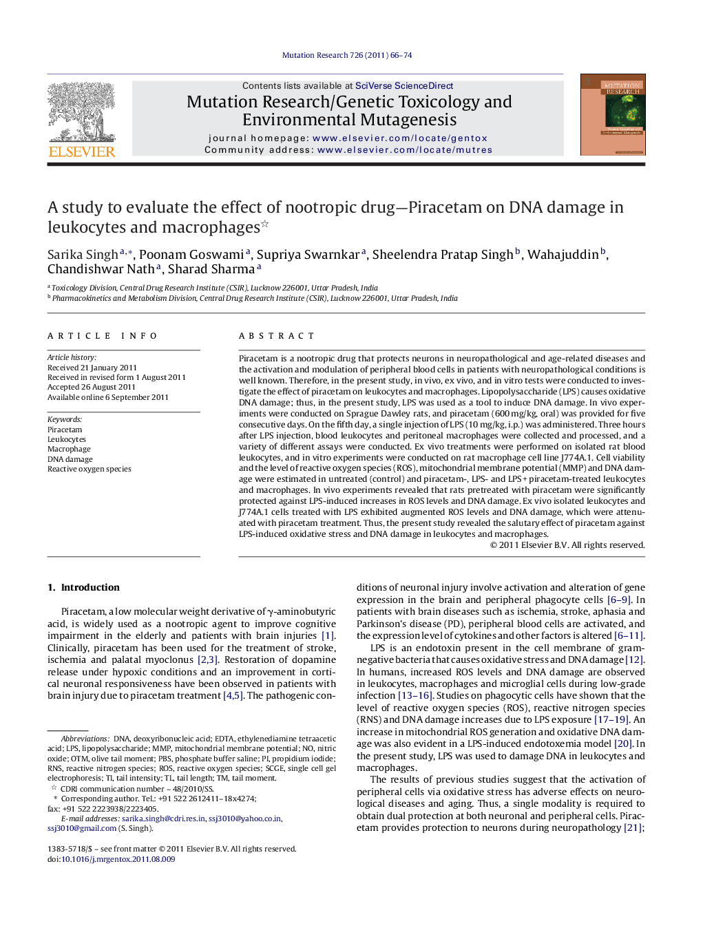 A study to evaluate the effect of nootropic drug—Piracetam on DNA damage in leukocytes and macrophages 