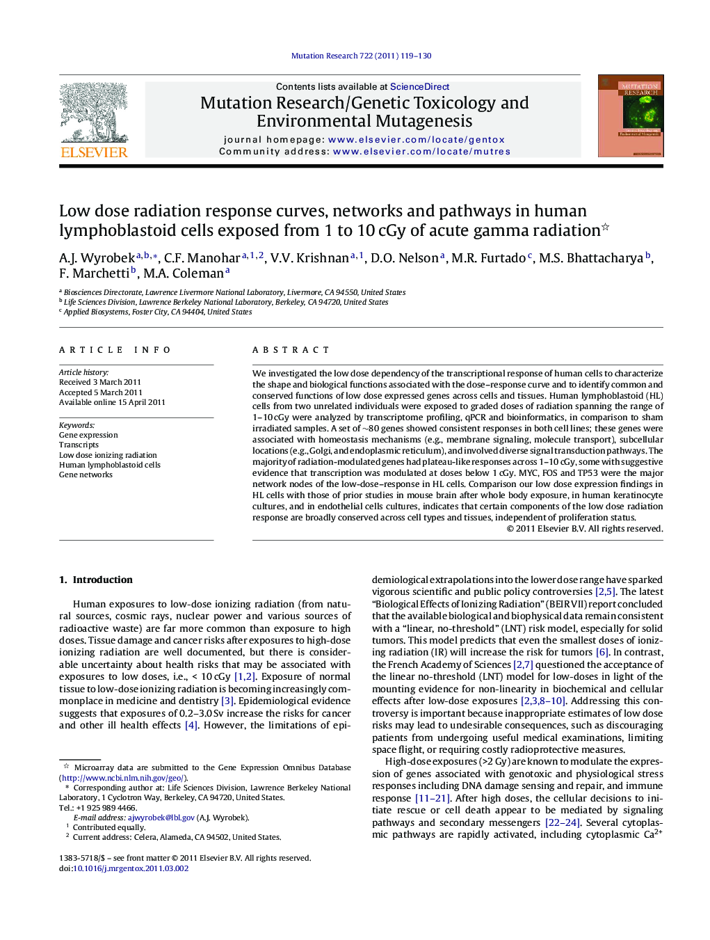 Low dose radiation response curves, networks and pathways in human lymphoblastoid cells exposed from 1 to 10 cGy of acute gamma radiation 