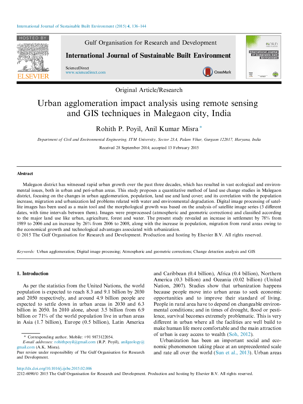 Urban agglomeration impact analysis using remote sensing and GIS techniques in Malegaon city, India 