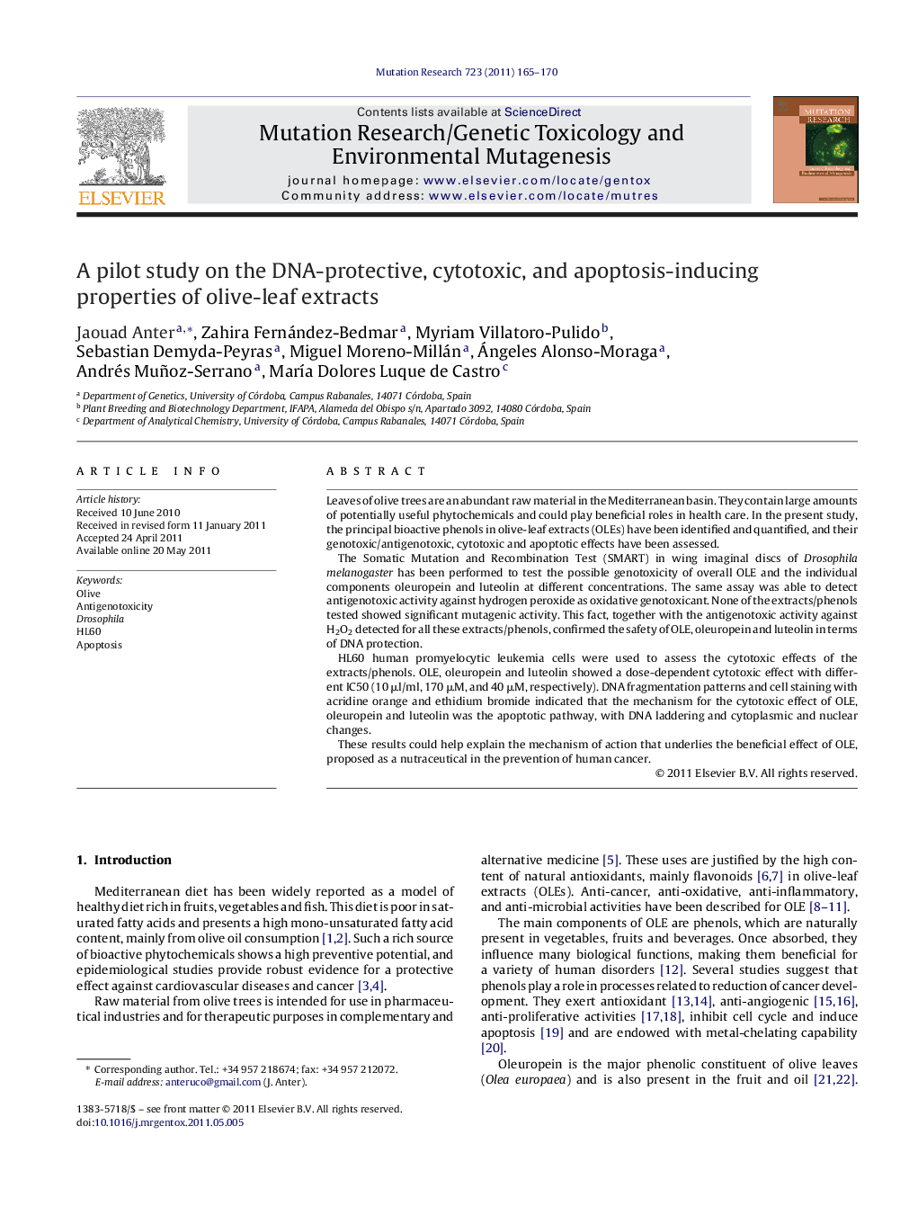 A pilot study on the DNA-protective, cytotoxic, and apoptosis-inducing properties of olive-leaf extracts