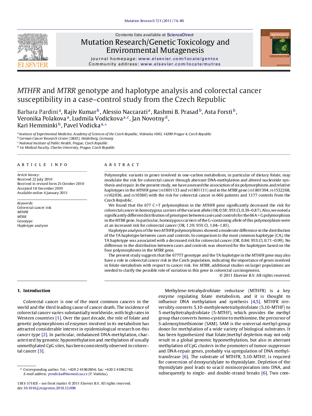 MTHFR and MTRR genotype and haplotype analysis and colorectal cancer susceptibility in a case–control study from the Czech Republic