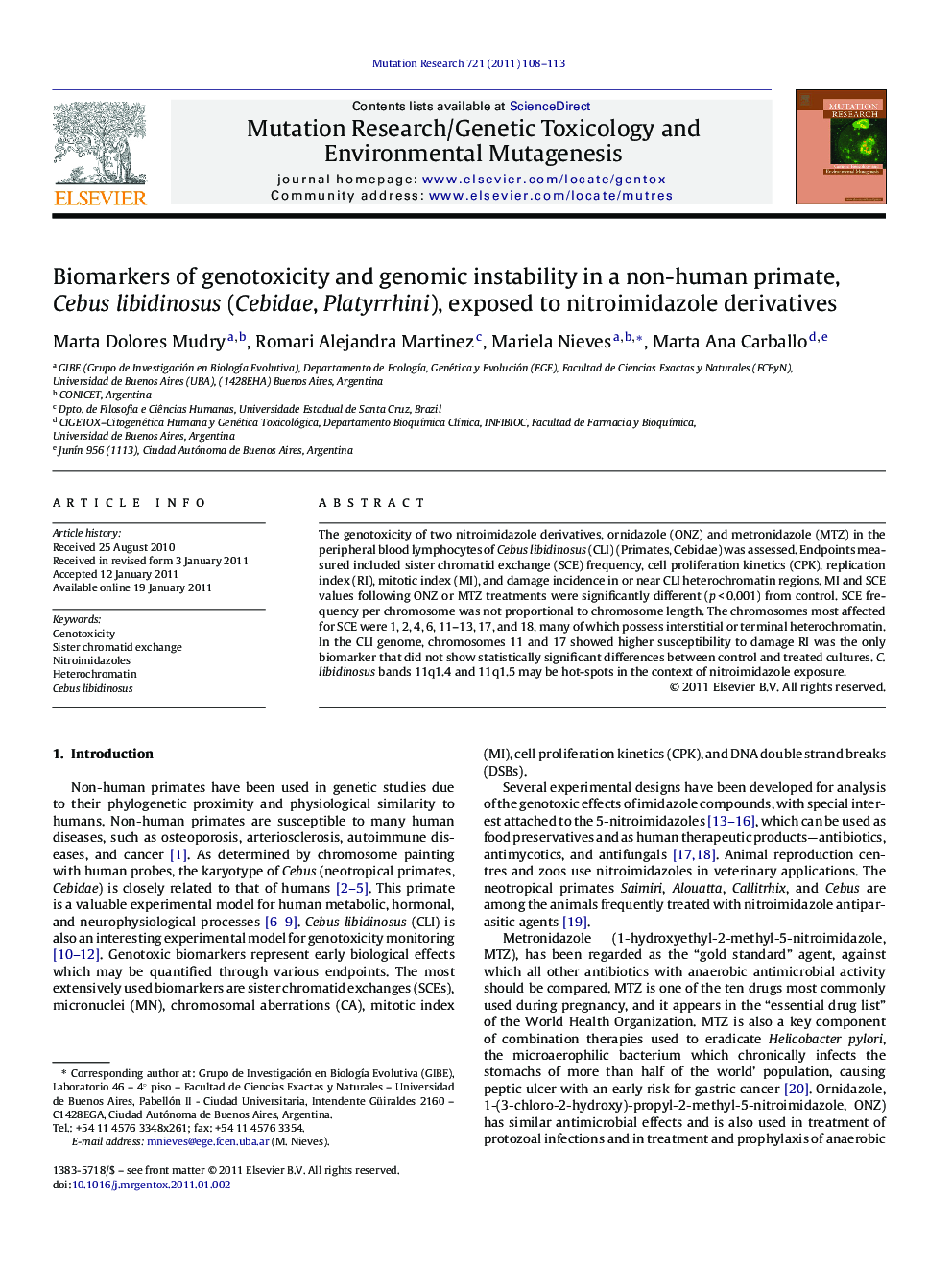 Biomarkers of genotoxicity and genomic instability in a non-human primate, Cebus libidinosus (Cebidae, Platyrrhini), exposed to nitroimidazole derivatives