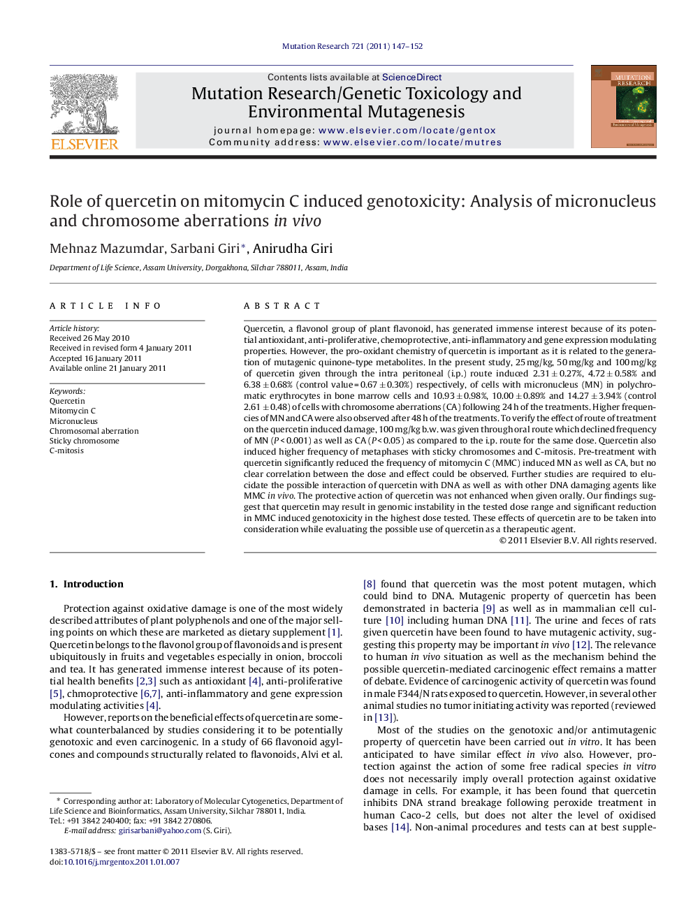 Role of quercetin on mitomycin C induced genotoxicity: Analysis of micronucleus and chromosome aberrations in vivo