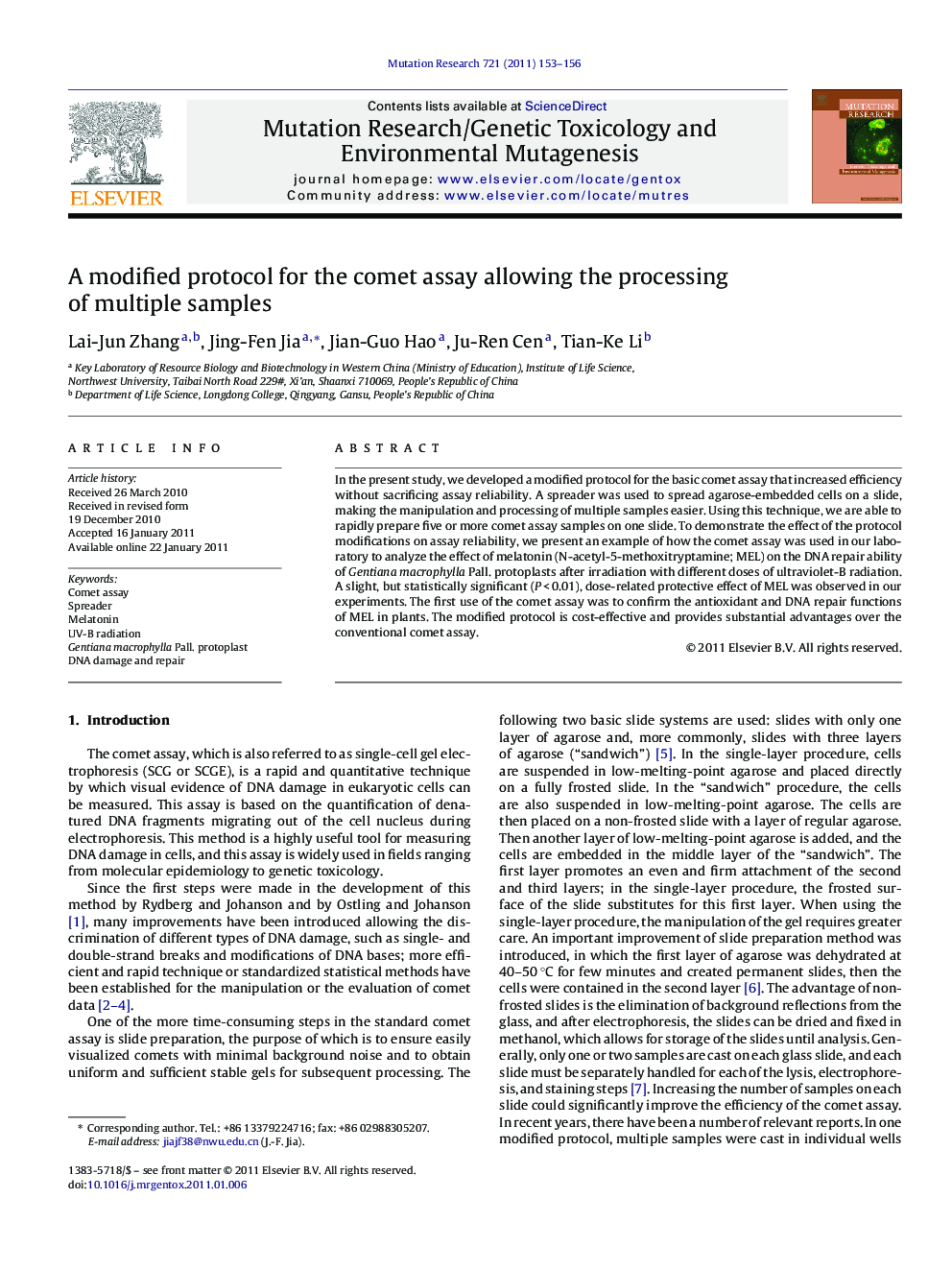 A modified protocol for the comet assay allowing the processing of multiple samples