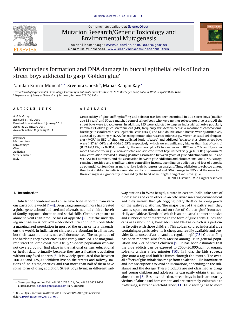 Micronucleus formation and DNA damage in buccal epithelial cells of Indian street boys addicted to gasp ‘Golden glue’