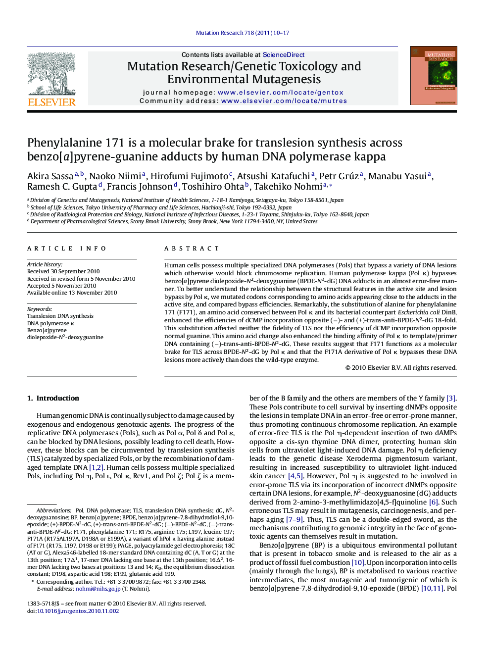 Phenylalanine 171 is a molecular brake for translesion synthesis across benzo[a]pyrene-guanine adducts by human DNA polymerase kappa