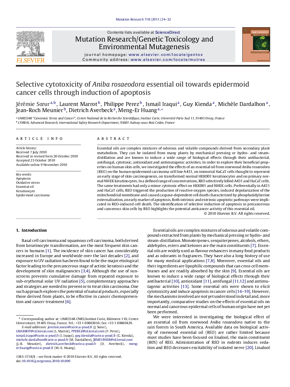 Selective cytotoxicity of Aniba rosaeodora essential oil towards epidermoid cancer cells through induction of apoptosis