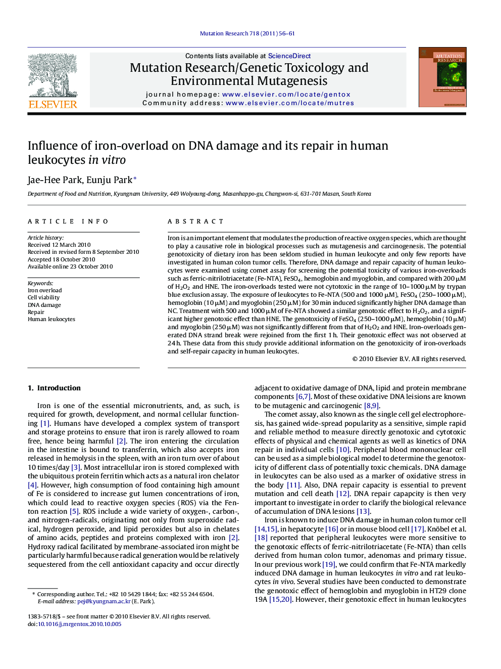 Influence of iron-overload on DNA damage and its repair in human leukocytes in vitro