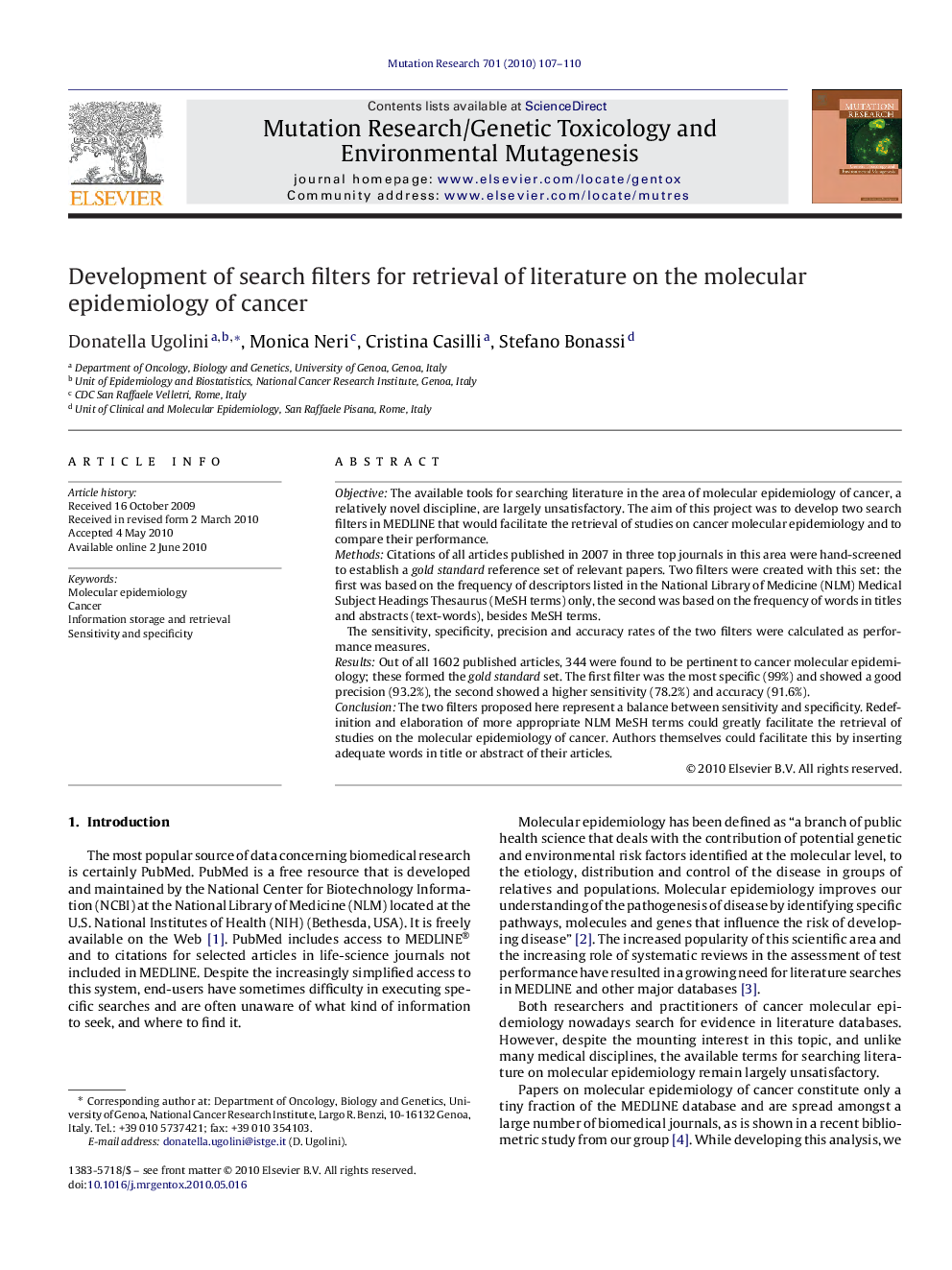 Development of search filters for retrieval of literature on the molecular epidemiology of cancer