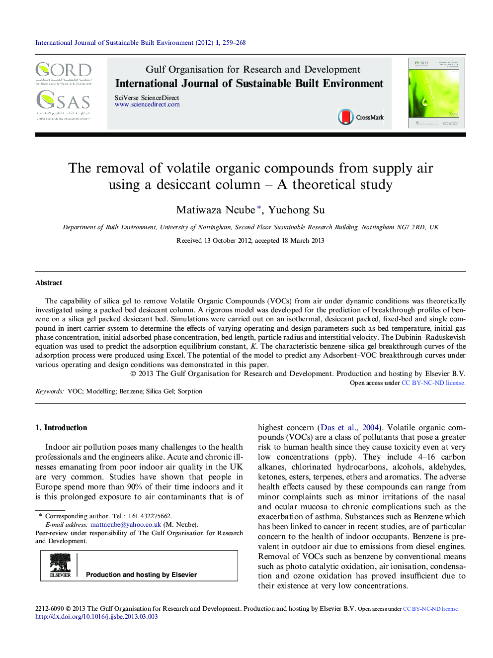 The removal of volatile organic compounds from supply air using a desiccant column – A theoretical study 