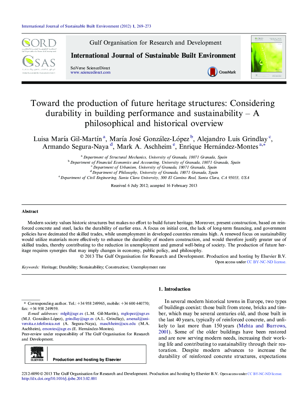 Toward the production of future heritage structures: Considering durability in building performance and sustainability – A philosophical and historical overview 