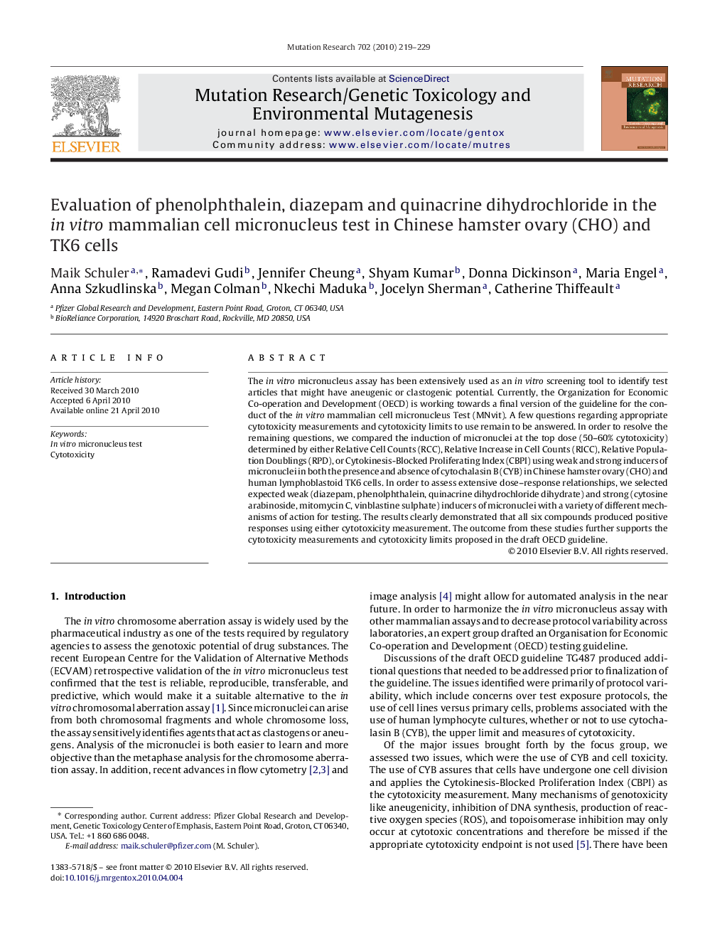 Evaluation of phenolphthalein, diazepam and quinacrine dihydrochloride in the in vitro mammalian cell micronucleus test in Chinese hamster ovary (CHO) and TK6 cells