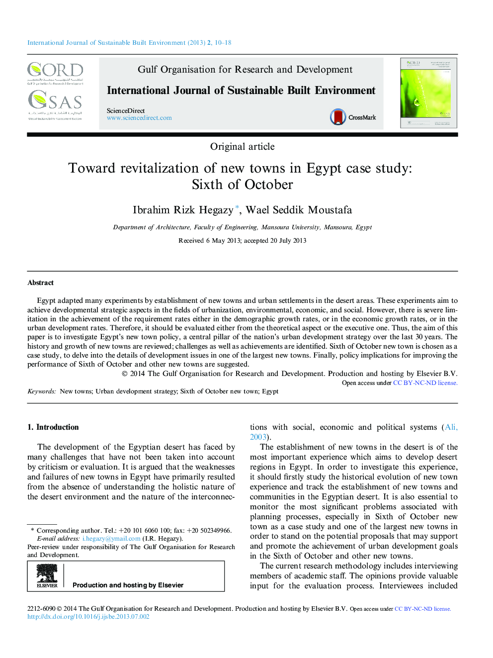 Toward revitalization of new towns in Egypt case study: Sixth of October 