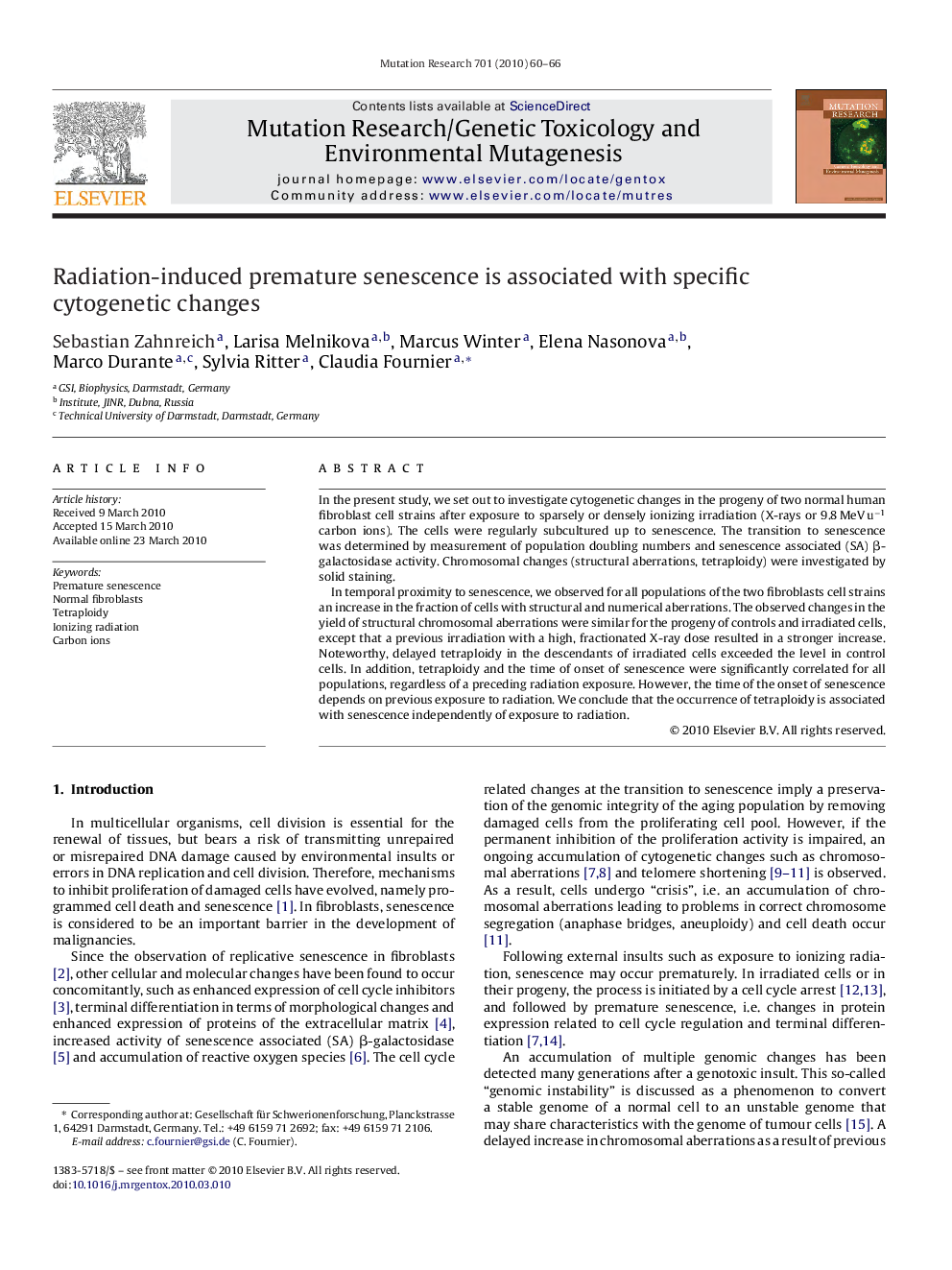 Radiation-induced premature senescence is associated with specific cytogenetic changes