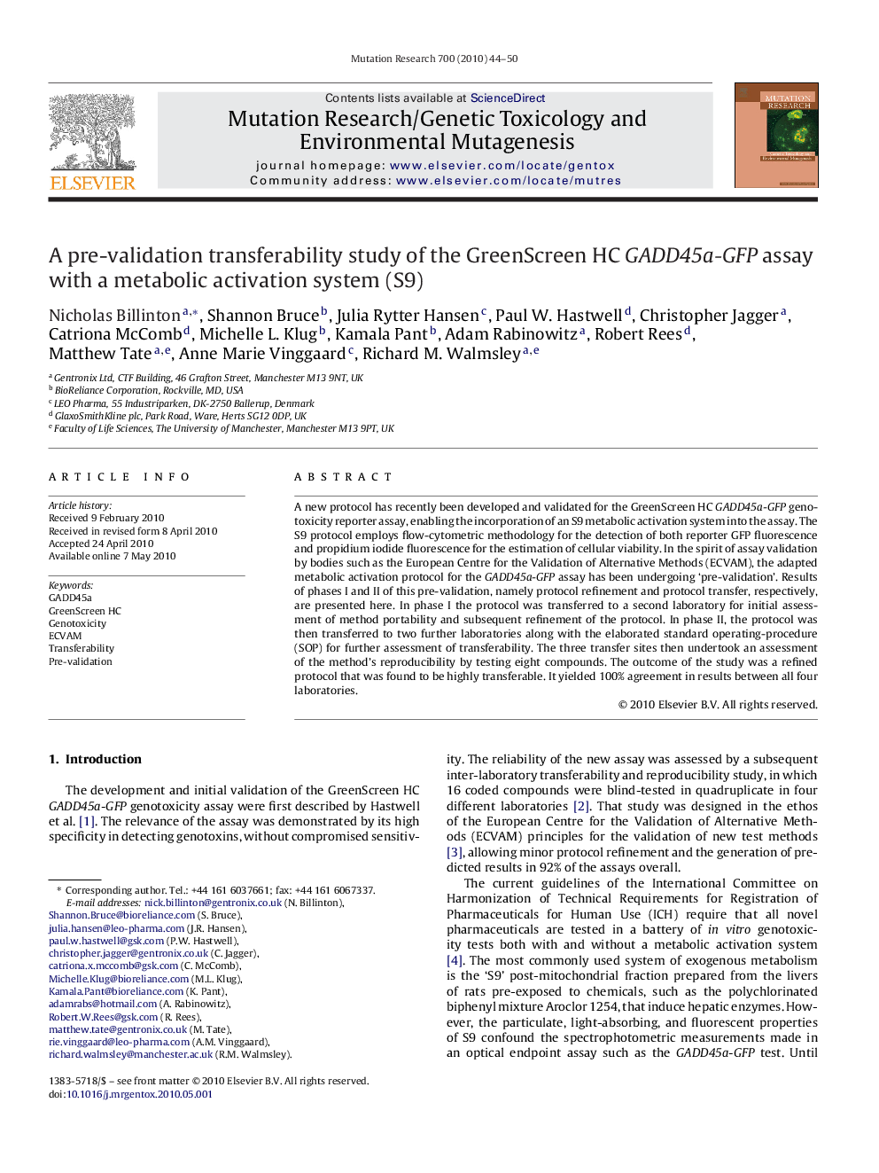 A pre-validation transferability study of the GreenScreen HC GADD45a-GFP assay with a metabolic activation system (S9)