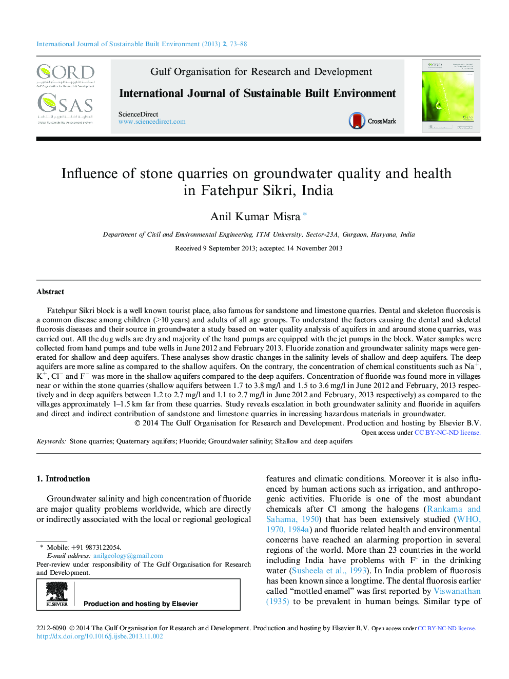 Influence of stone quarries on groundwater quality and health in Fatehpur Sikri, India 