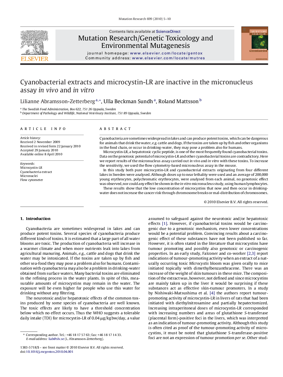 Cyanobacterial extracts and microcystin-LR are inactive in the micronucleus assay in vivo and in vitro