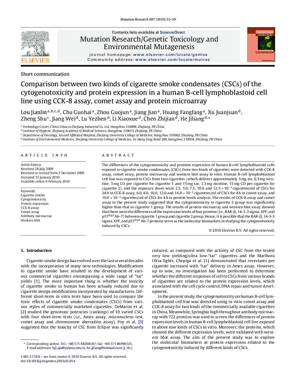 Comparison between two kinds of cigarette smoke condensates (CSCs) of the cytogenotoxicity and protein expression in a human B-cell lymphoblastoid cell line using CCK-8 assay, comet assay and protein microarray