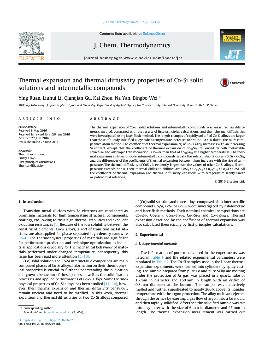 Thermal expansion and thermal diffusivity properties of Co-Si solid solutions and intermetallic compounds