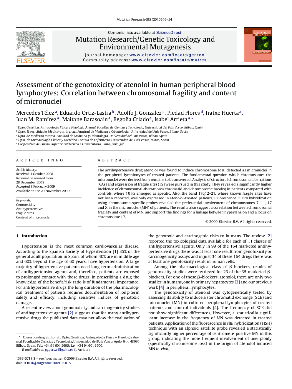 Assessment of the genotoxicity of atenolol in human peripheral blood lymphocytes: Correlation between chromosomal fragility and content of micronuclei