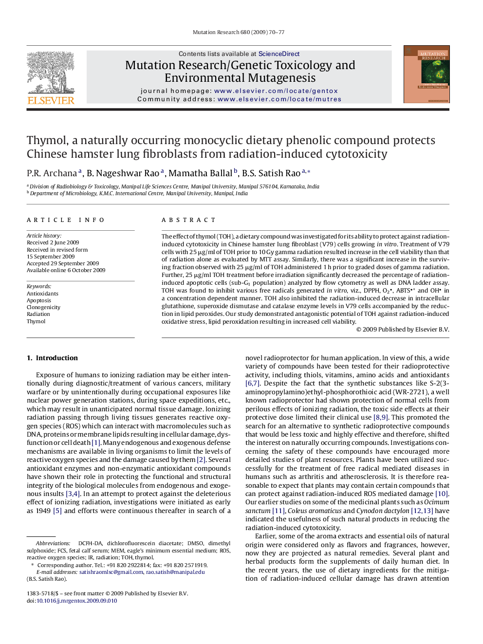 Thymol, a naturally occurring monocyclic dietary phenolic compound protects Chinese hamster lung fibroblasts from radiation-induced cytotoxicity