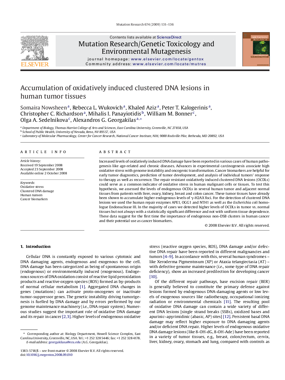 Accumulation of oxidatively induced clustered DNA lesions in human tumor tissues