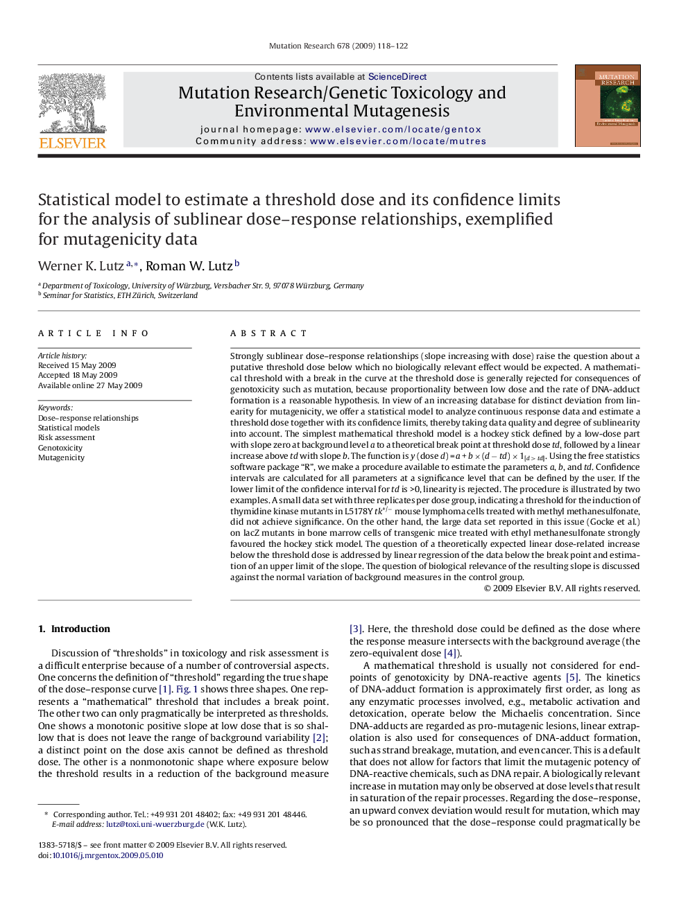 Statistical model to estimate a threshold dose and its confidence limits for the analysis of sublinear dose–response relationships, exemplified for mutagenicity data