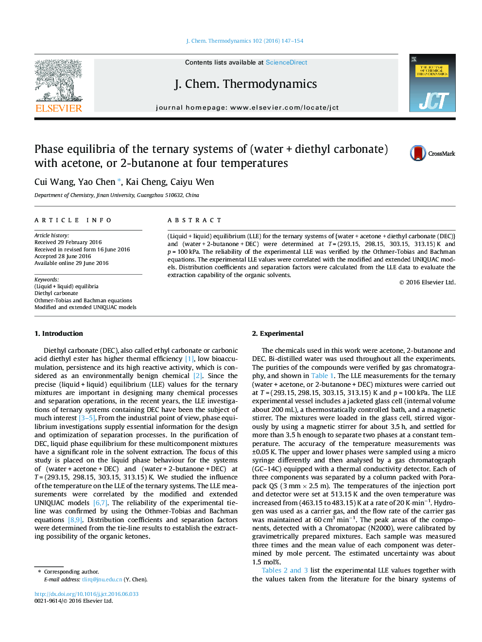 Phase equilibria of the ternary systems of (water + diethyl carbonate) with acetone, or 2-butanone at four temperatures