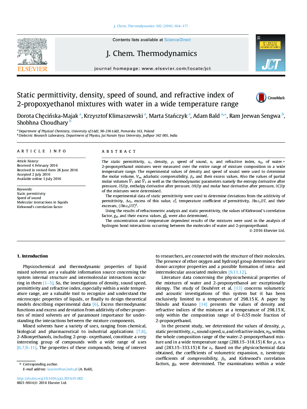 Static permittivity, density, speed of sound, and refractive index of 2-propoxyethanol mixtures with water in a wide temperature range