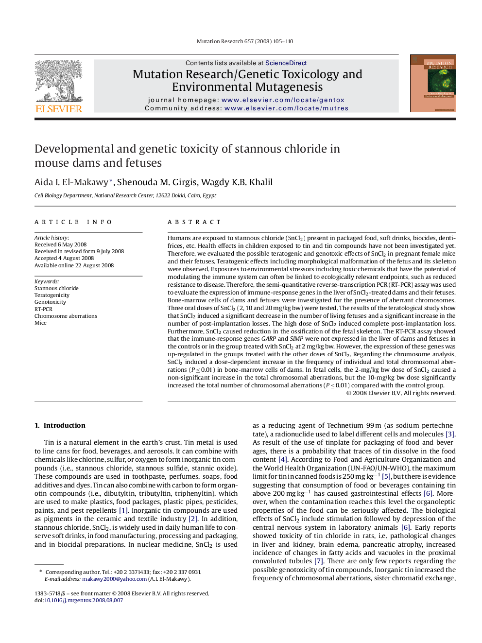 Developmental and genetic toxicity of stannous chloride in mouse dams and fetuses