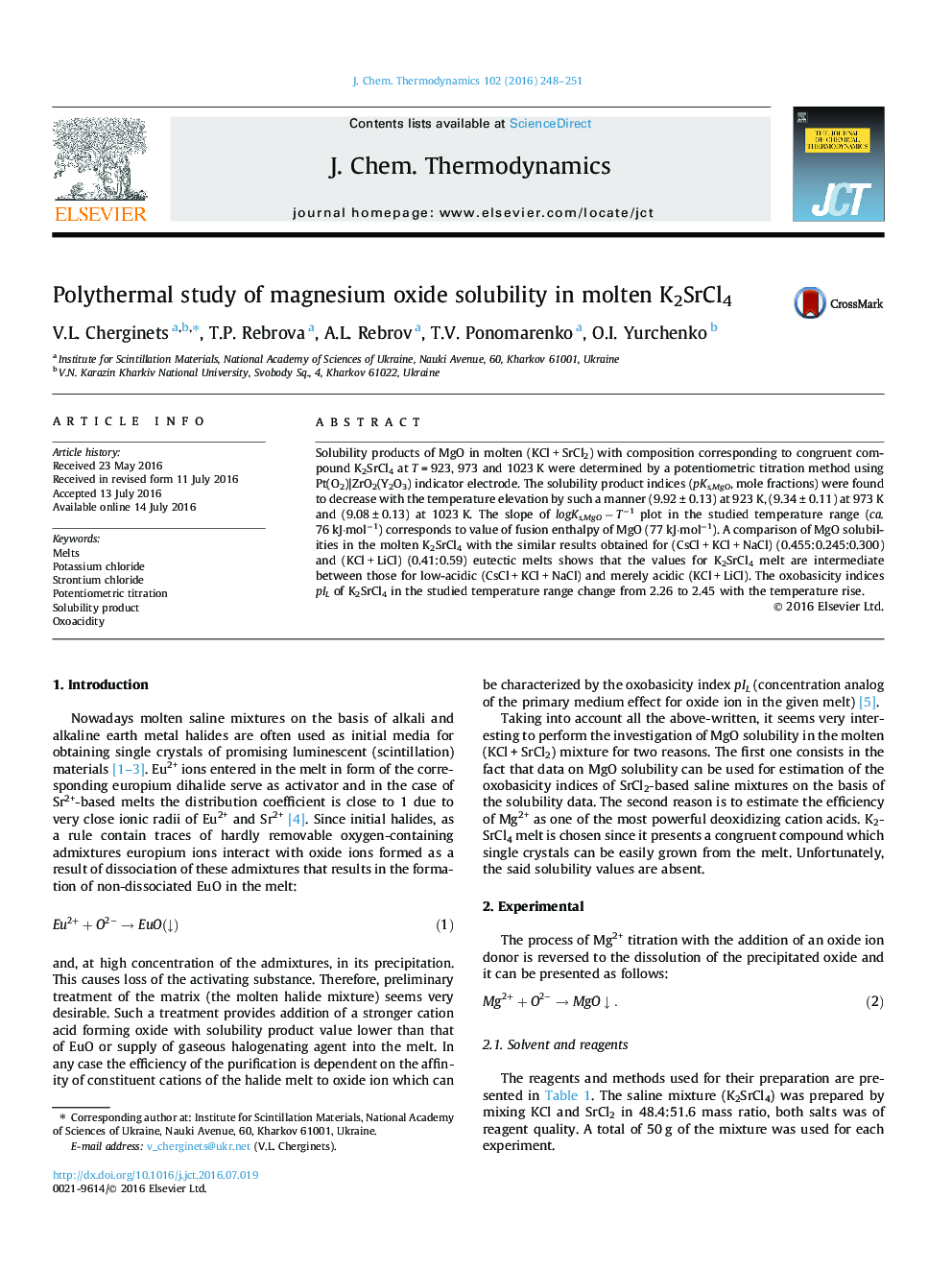 Polythermal study of magnesium oxide solubility in molten K2SrCl4