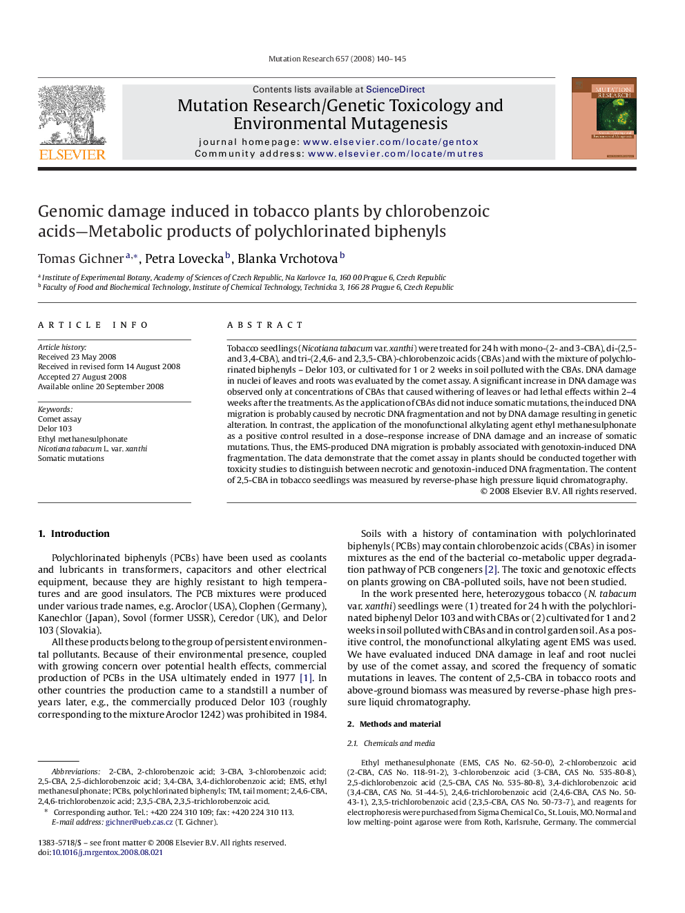 Genomic damage induced in tobacco plants by chlorobenzoic acids—Metabolic products of polychlorinated biphenyls