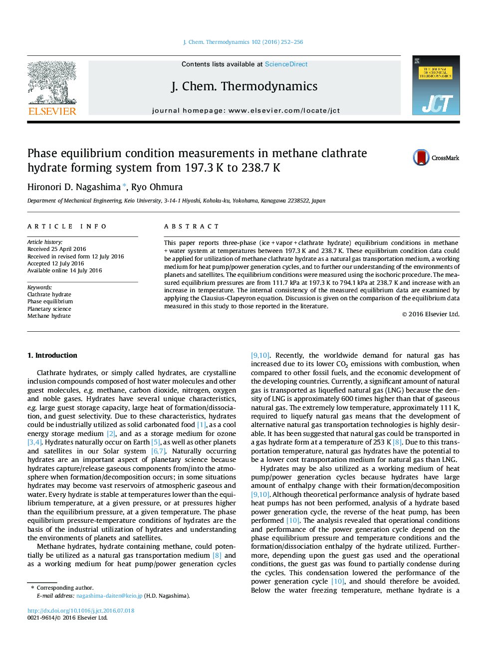 Phase equilibrium condition measurements in methane clathrate hydrate forming system from 197.3 K to 238.7 K