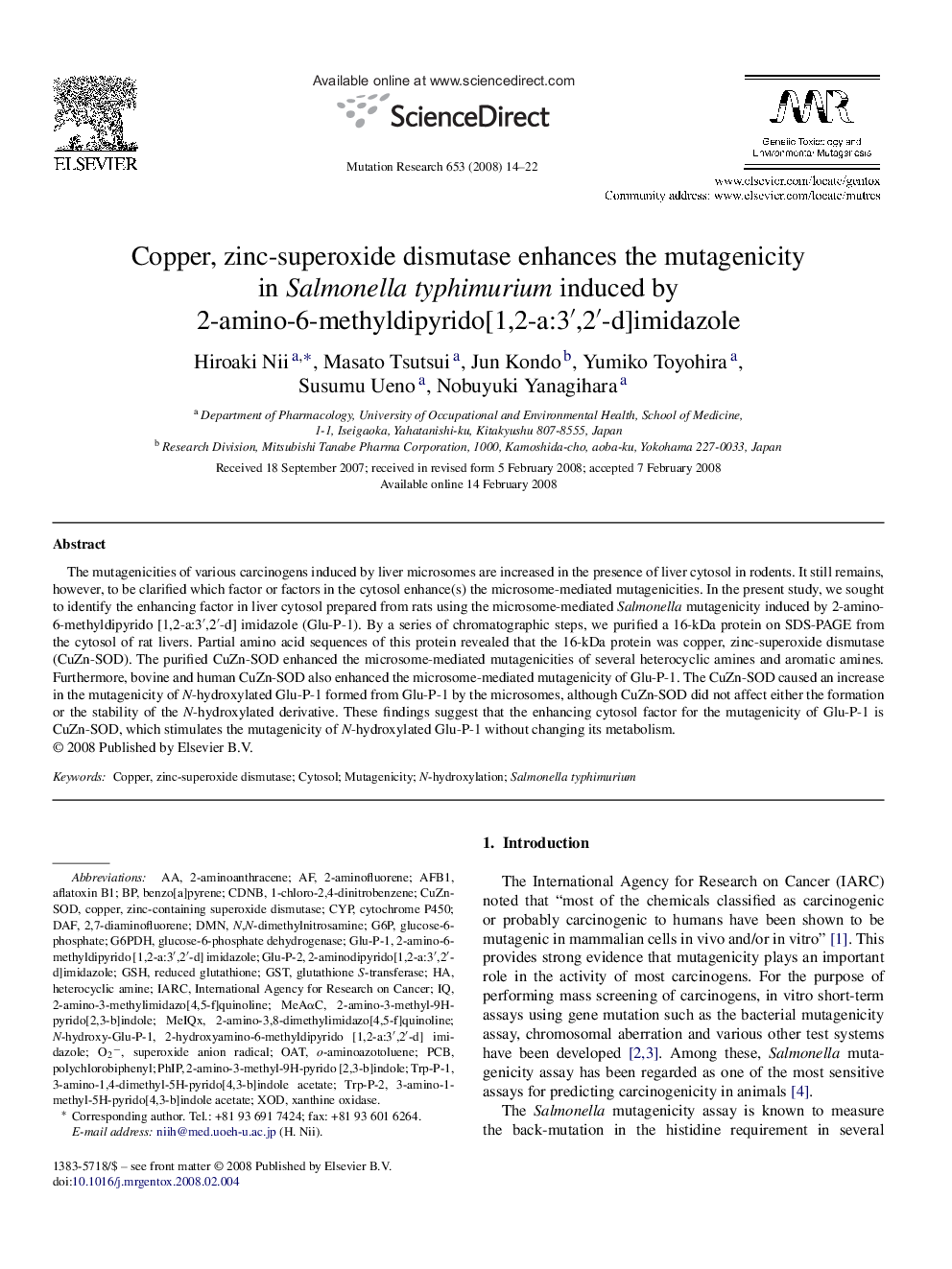 Copper, zinc-superoxide dismutase enhances the mutagenicity in Salmonella typhimurium induced by 2-amino-6-methyldipyrido[1,2-a:3â²,2â²-d]imidazole