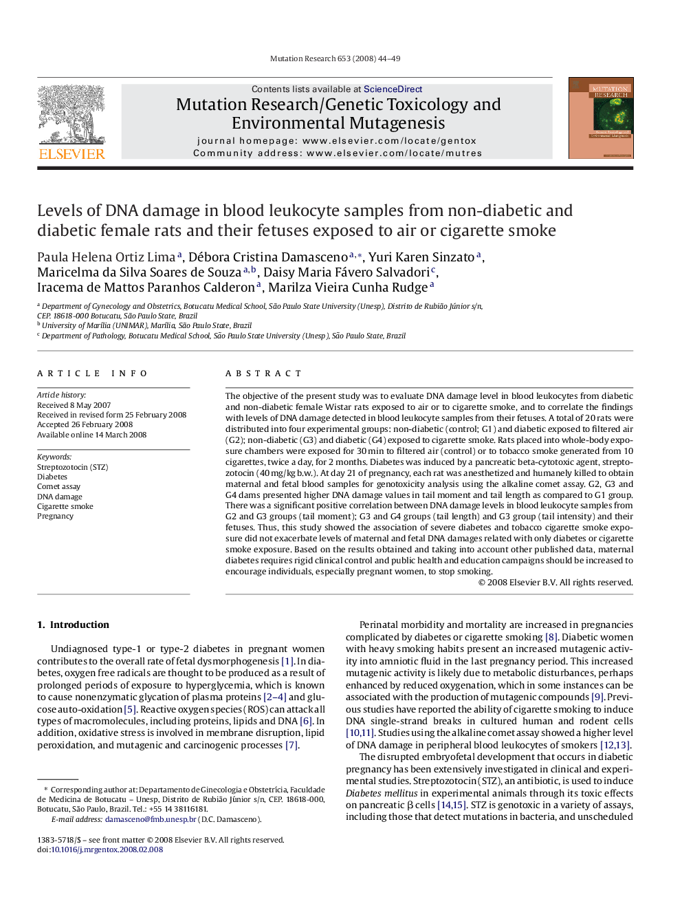 Levels of DNA damage in blood leukocyte samples from non-diabetic and diabetic female rats and their fetuses exposed to air or cigarette smoke