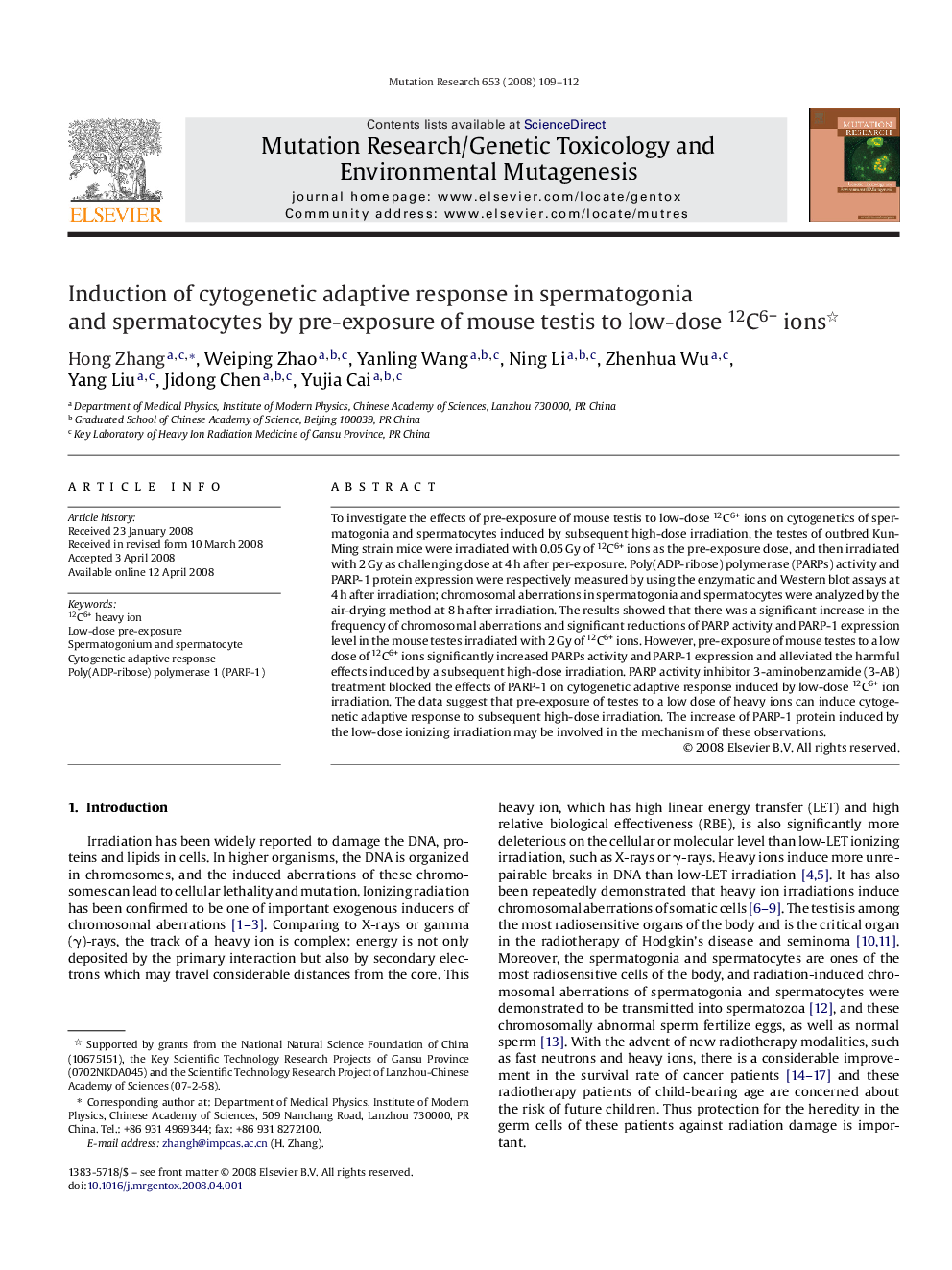 عکس صفحه اول مقاله: Induction of cytogenetic adaptive response in spermatogonia and spermatocytes by pre-exposure of mouse testis to low-dose 12C6+ ions Induction of cytogenetic adaptive response in spermatogonia and spermatocytes by pre-exposure of mouse testis to low-dose 12C6+ ions