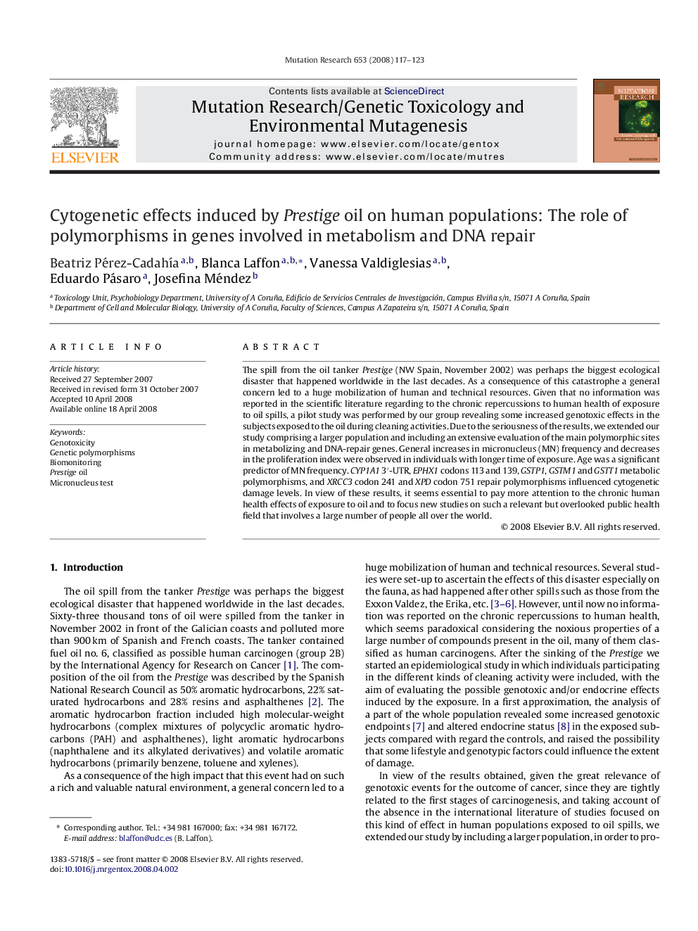 Cytogenetic effects induced by Prestige oil on human populations: The role of polymorphisms in genes involved in metabolism and DNA repair