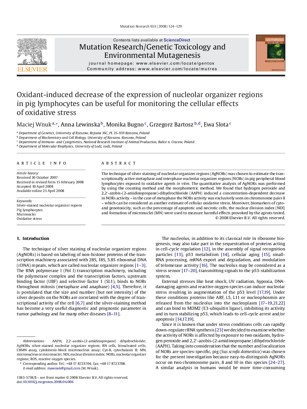 عکس صفحه اول مقاله: Oxidant-induced decrease of the expression of nucleolar organizer regions in pig lymphocytes can be useful for monitoring the cellular effects of oxidative stress Oxidant-induced decrease of the expression of nucleolar organizer regions in pig lymphocytes can be useful for monitoring the cellular effects of oxidative stress