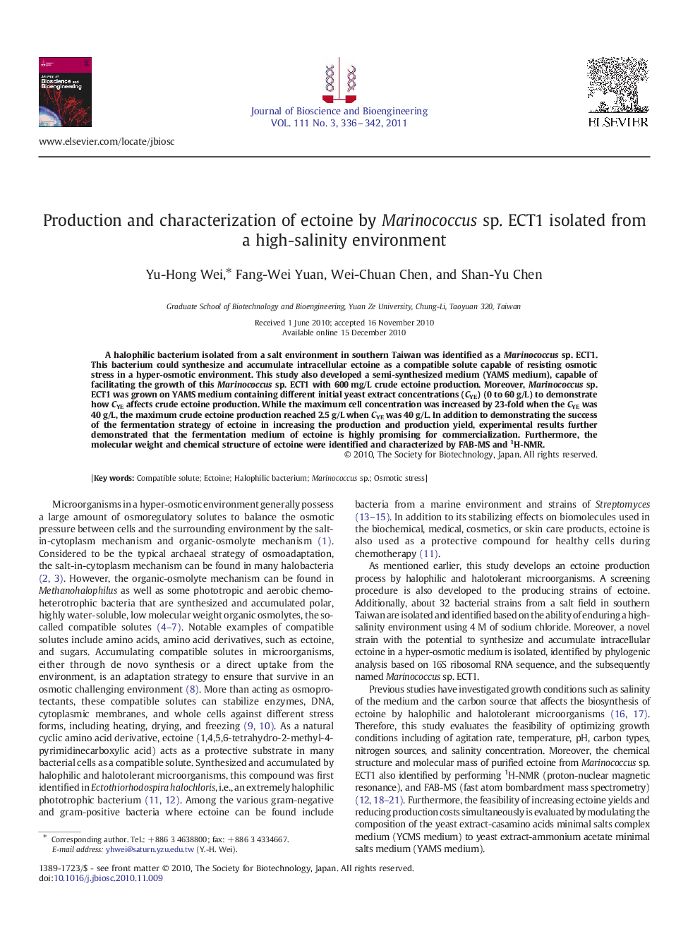 Production and characterization of ectoine by Marinococcus sp. ECT1 isolated from a high-salinity environment